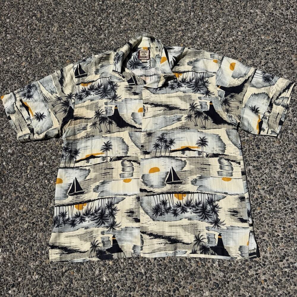 Vintage Tommy Bahama 100% Silk Camp Hawaiian Shirt XL Tropical Sunset Sailboat